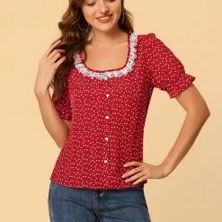 Allegra K Women's Valentine's Day Square Neck Button Ruffle Sleeve Love Heart Printed Blouse Top 12 Allegra K Women's Valentine's Day Square Neck Button Ruffle Sleeve Love Heart Printed Blouse Top