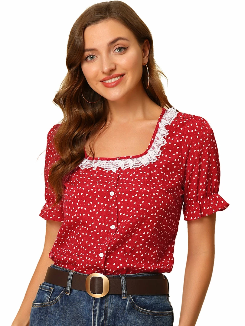 Allegra K Women's Valentine's Day Square Neck Button Ruffle Sleeve Love Heart Printed Blouse Top 4 Allegra K Women's Valentine's Day Square Neck Button Ruffle Sleeve Love Heart Printed Blouse Top