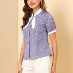 Allegra K Women's Tie V Neck Button Up Polka Dots Top Blouse