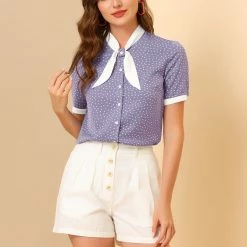 Allegra K Women's Tie V Neck Button Up Polka Dots Top Blouse