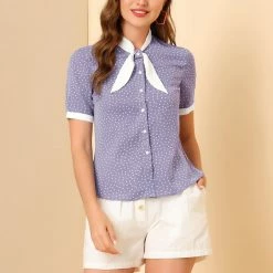 Allegra K Women's Tie V Neck Button Up Polka Dots Top Blouse