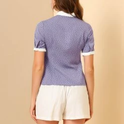 Allegra K Women's Tie V Neck Button Up Polka Dots Top Blouse