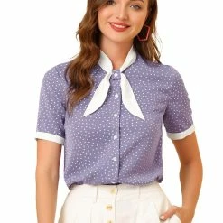 Allegra K Women's Tie V Neck Button Up Polka Dots Top Blouse