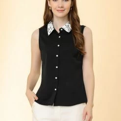 Allegra K Women's Button Down Shirts Office Bow Tie Turndown Collar Sleeveless Shirt