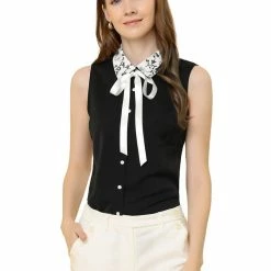 Allegra K Women's Button Down Shirts Office Bow Tie Turndown Collar Sleeveless Shirt