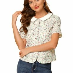 Allegra K Women's Peter Pan Collar Blouse Puff Sleeve Top Button Down Floral Shirt 12 Allegra K Women's Peter Pan Collar Blouse Puff Sleeve Top Button Down Floral Shirt