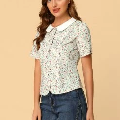 Allegra K Women's Peter Pan Collar Blouse Puff Sleeve Top Button Down Floral Shirt 13 Allegra K Women's Peter Pan Collar Blouse Puff Sleeve Top Button Down Floral Shirt