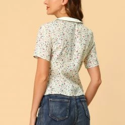 Allegra K Women's Peter Pan Collar Blouse Puff Sleeve Top Button Down Floral Shirt 14 Allegra K Women's Peter Pan Collar Blouse Puff Sleeve Top Button Down Floral Shirt