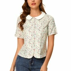 Allegra K Women's Peter Pan Collar Blouse Puff Sleeve Top Button Down Floral Shirt