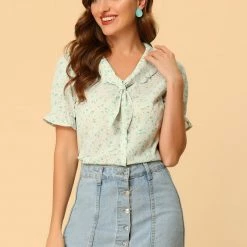 Allegra K Women's Floral Print Tie Neck Ruffle Decor Ruffle Cuffs Tops