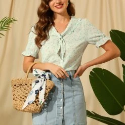 Allegra K Women's Floral Print Tie Neck Ruffle Decor Ruffle Cuffs Tops