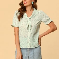 Allegra K Women's Floral Print Tie Neck Ruffle Decor Ruffle Cuffs Tops