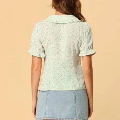 Allegra K Women's Floral Print Tie Neck Ruffle Decor Ruffle Cuffs Tops