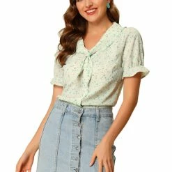 Allegra K Women's Floral Print Tie Neck Ruffle Decor Ruffle Cuffs Tops