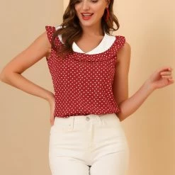 Allegra K Women's Sleeveless Ruffle V Neck Casual Tank Tops Heart Printed Blouse