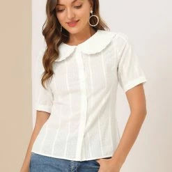 Allegra K Women's Peter Pan Collar Swiss Dots Short Sleeves Button Front Shirt Blouse