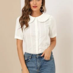 Allegra K Women's Peter Pan Collar Swiss Dots Short Sleeves Button Front Shirt Blouse