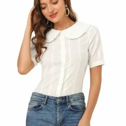 Allegra K Women's Peter Pan Collar Swiss Dots Short Sleeves Button Front Shirt Blouse