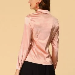 Allegra K Women's Long Sleeve Tie Bow Neck Satin Chiffon Tops