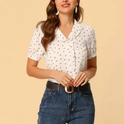Allegra K Women's Button Down Shirts Turndown Collar Short Sleeve Valentine's Day Shirt