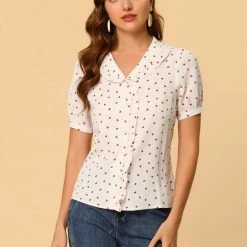 Allegra K Women's Button Down Shirts Turndown Collar Short Sleeve Valentine's Day Shirt
