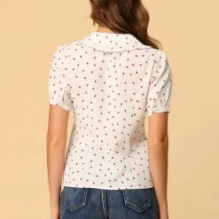 Allegra K Women's Button Down Shirts Turndown Collar Short Sleeve Valentine's Day Shirt