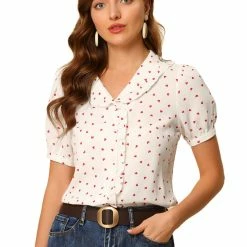 Allegra K Women's Button Down Shirts Turndown Collar Short Sleeve Valentine's Day Shirt