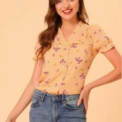 Allegra K Women's Swiss Dots Blouse V Neck Casual Chiffon Floral Shirt 11 Allegra K Women's Swiss Dots Blouse V Neck Casual Chiffon Floral Shirt