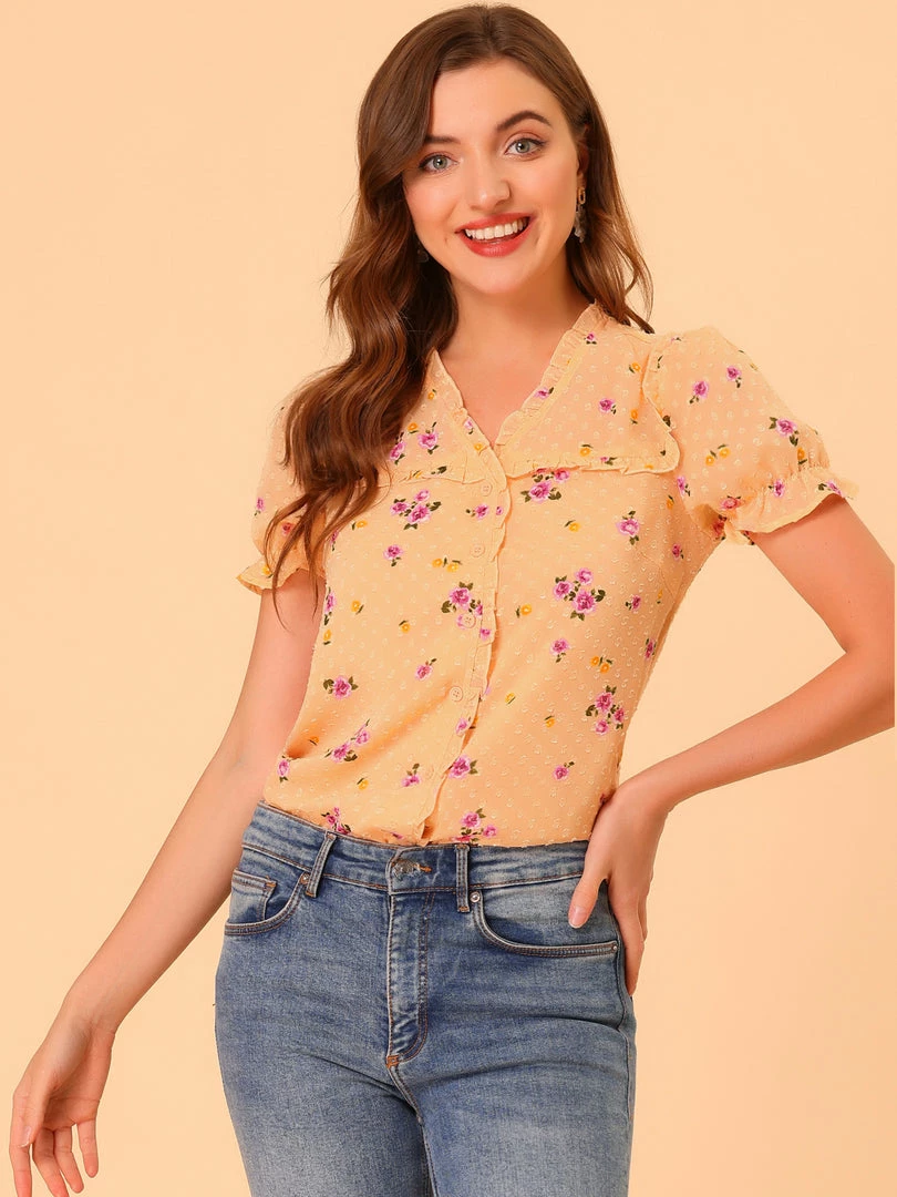 Allegra K Women's Swiss Dots Blouse V Neck Casual Chiffon Floral Shirt 5 Allegra K Women's Swiss Dots Blouse V Neck Casual Chiffon Floral Shirt