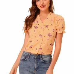 Allegra K Women's Swiss Dots Blouse V Neck Casual Chiffon Floral Shirt