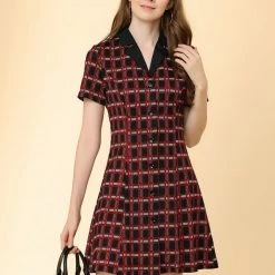Allegra K Women's Button Front Fit And Flare Plaid Tartan Shirt Dress
