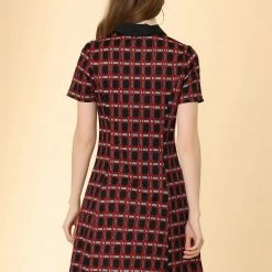 Allegra K Women's Button Front Fit And Flare Plaid Tartan Shirt Dress