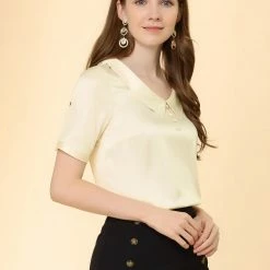 Allegra K Women's Turndown Collar Button Decor Short Sleeve Satin Blouse 11 Allegra K Women's Turndown Collar Button Decor Short Sleeve Satin Blouse
