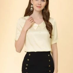 Allegra K Women's Turndown Collar Button Decor Short Sleeve Satin Blouse 12 Allegra K Women's Turndown Collar Button Decor Short Sleeve Satin Blouse
