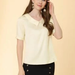 Allegra K Women's Turndown Collar Button Decor Short Sleeve Satin Blouse 13 Allegra K Women's Turndown Collar Button Decor Short Sleeve Satin Blouse