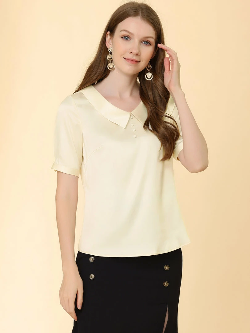 Allegra K Women's Turndown Collar Button Decor Short Sleeve Satin Blouse 7 Allegra K Women's Turndown Collar Button Decor Short Sleeve Satin Blouse