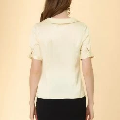 Allegra K Women's Turndown Collar Button Decor Short Sleeve Satin Blouse 14 Allegra K Women's Turndown Collar Button Decor Short Sleeve Satin Blouse