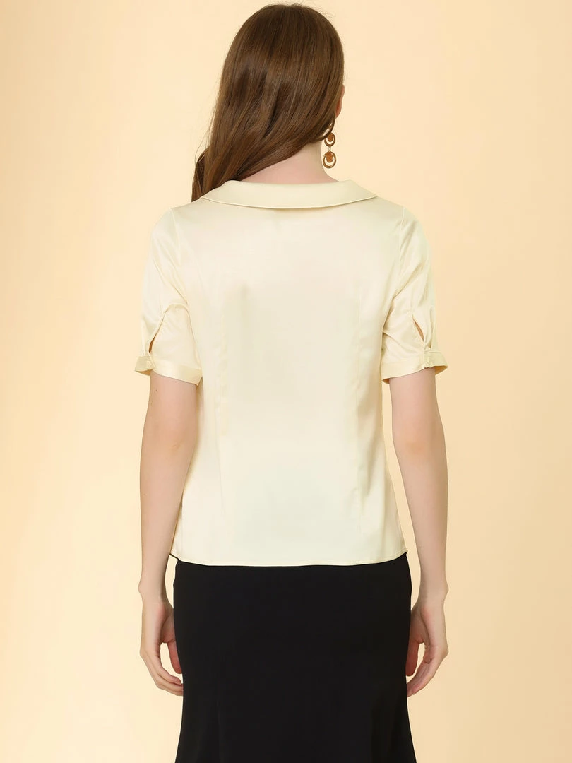 Allegra K Women's Turndown Collar Button Decor Short Sleeve Satin Blouse 8 Allegra K Women's Turndown Collar Button Decor Short Sleeve Satin Blouse
