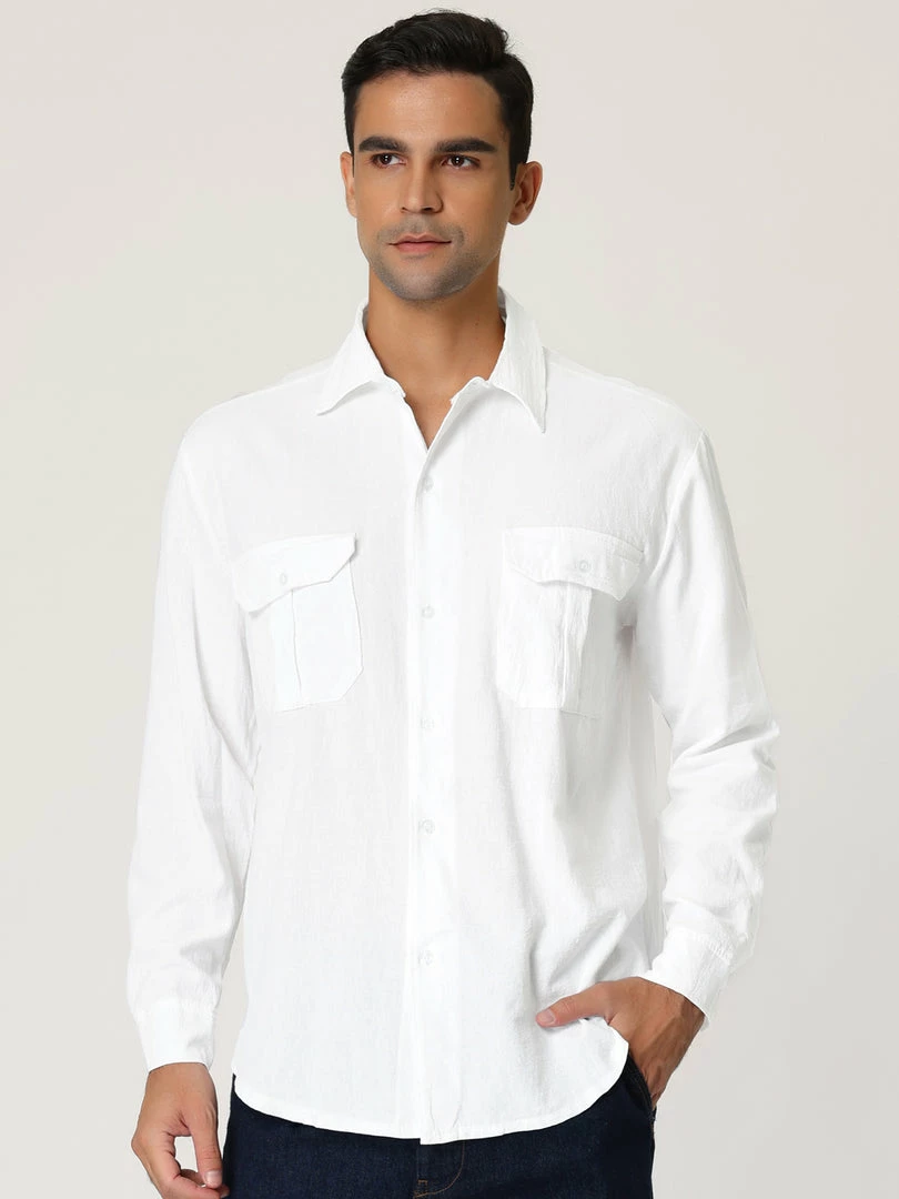 Allegra K Men's Linen Shirt Solid Long Sleeves Casual Button Down Beach Cargo Shirts 5 Allegra K Men's Linen Shirt Solid Long Sleeves Casual Button Down Beach Cargo Shirts