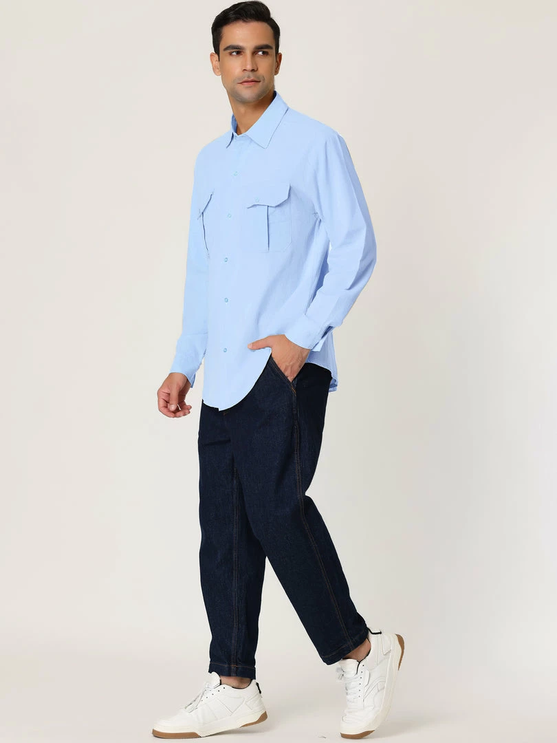 Allegra K Men's Linen Shirt Solid Long Sleeves Casual Button Down Beach Cargo Shirts 16 Allegra K Men's Linen Shirt Solid Long Sleeves Casual Button Down Beach Cargo Shirts