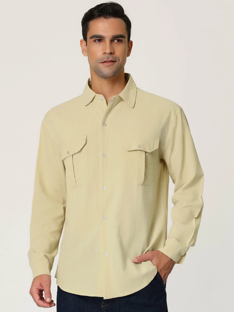Allegra K Men's Linen Shirt Solid Long Sleeves Casual Button Down Beach Cargo Shirts 10 Allegra K Men's Linen Shirt Solid Long Sleeves Casual Button Down Beach Cargo Shirts