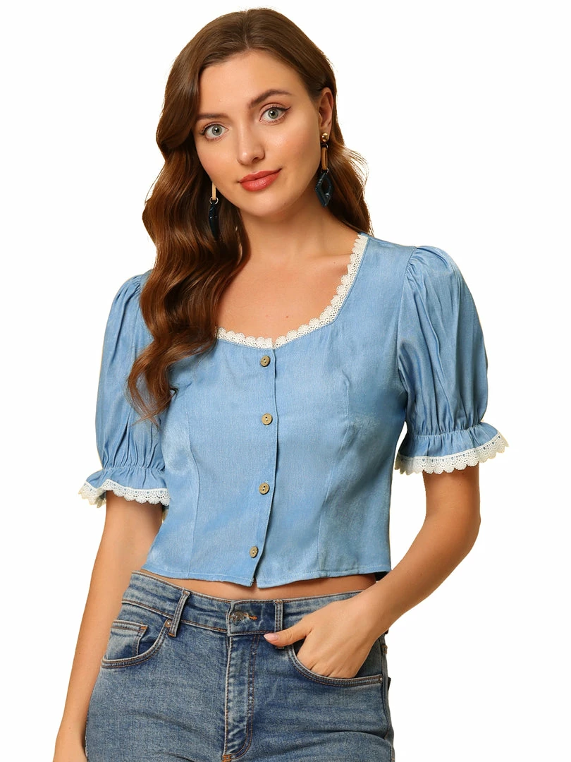 Allegra K Women's Square Neck Blouse Lace Panel Button Front Shirt Elegant Tops 5 Allegra K Women's Square Neck Blouse Lace Panel Button Front Shirt Elegant Tops