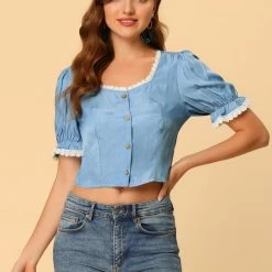 Allegra K Women's Square Neck Blouse Lace Panel Button Front Shirt Elegant Tops 12 Allegra K Women's Square Neck Blouse Lace Panel Button Front Shirt Elegant Tops