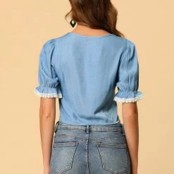 Allegra K Women's Square Neck Blouse Lace Panel Button Front Shirt Elegant Tops 14 Allegra K Women's Square Neck Blouse Lace Panel Button Front Shirt Elegant Tops