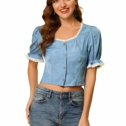 Allegra K Women's Square Neck Blouse Lace Panel Button Front Shirt Elegant Tops