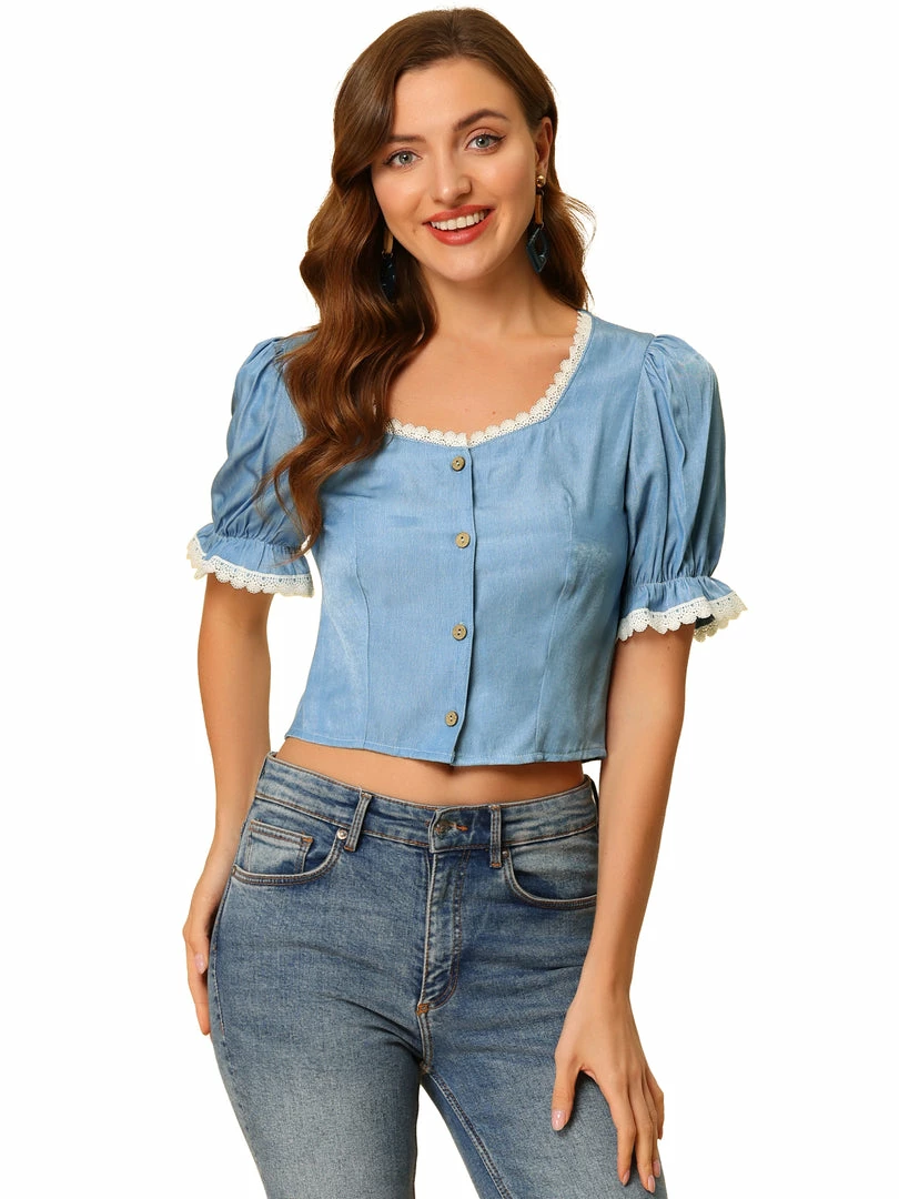 Allegra K Women's Square Neck Blouse Lace Panel Button Front Shirt Elegant Tops 4 Allegra K Women's Square Neck Blouse Lace Panel Button Front Shirt Elegant Tops