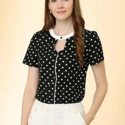 Allegra K Women's Work Office Shirt Elegant Dots Short Sleeve Keyhole Blouse