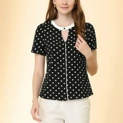 Allegra K Women's Work Office Shirt Elegant Dots Short Sleeve Keyhole Blouse
