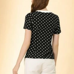 Allegra K Women's Work Office Shirt Elegant Dots Short Sleeve Keyhole Blouse