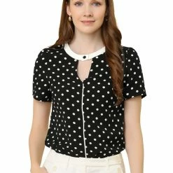 Allegra K Women's Work Office Shirt Elegant Dots Short Sleeve Keyhole Blouse